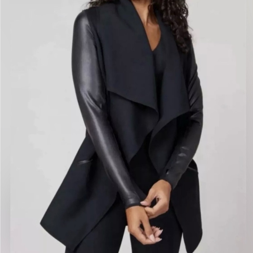Spanx Black Convertible Drape Front Faux Leather Ponte Jacket